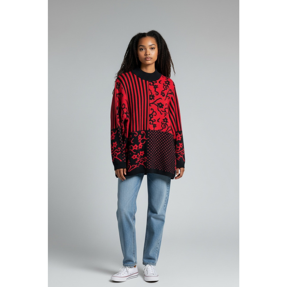 Vintage Colorful Red and Black Woven Patchwork Floral Gothic Sweater XL‎